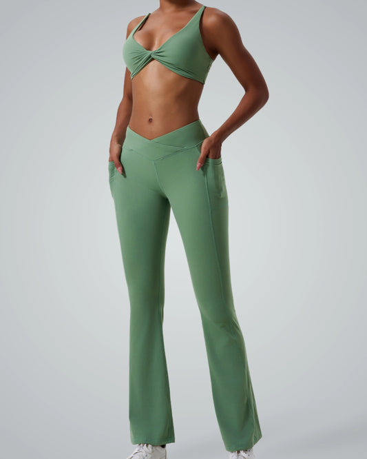Bandsam SculptEase Set: twist-front sports bra, high-waisted flared leggings; minimalist, seamless, sweatproof yoga and gym activewear.