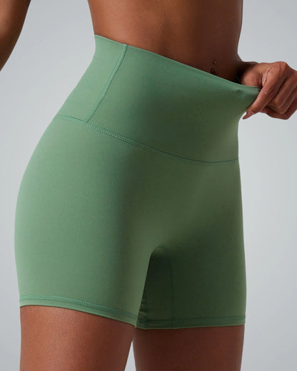 Bandsam SereneFit Short for women in green, high waist, soft stretch, perfect for yoga, pilates, and lounging, offering comfort and support.