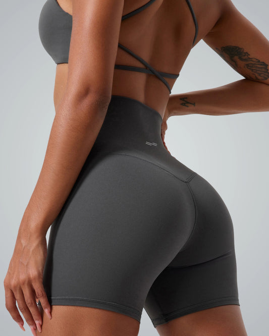 Bandsam SereneFit Short for women in dark gray, featuring high waist, flexible stretch material, ideal for yoga, pilates, lounging, workouts.