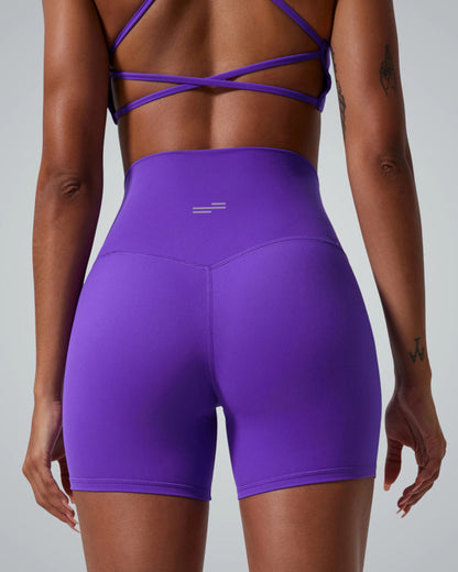 Bandsam SereneFit Shorts for women in purple, high-waist, flexible, and soft activewear for yoga, pilates, workout, and lounging.