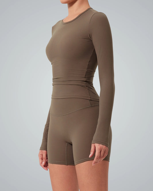 Bandsam SereneStretch Top, women's soft long-sleeve activewear for yoga and workout, showcasing a stretch figure-enhancing design.
