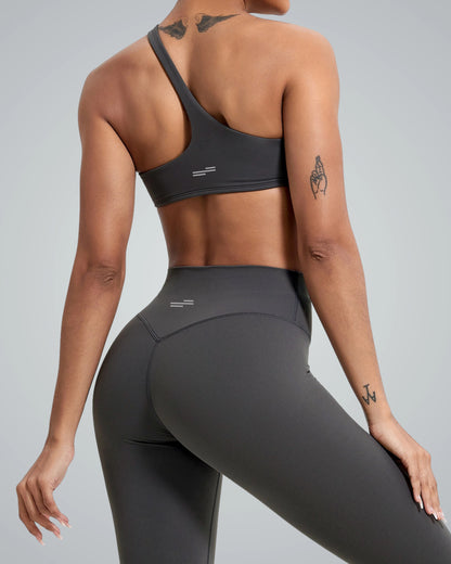 Bandsam ToneTwin Set with asymmetrical sports bra and high-waisted leggings, a seamless two-piece activewear for yoga and gym.