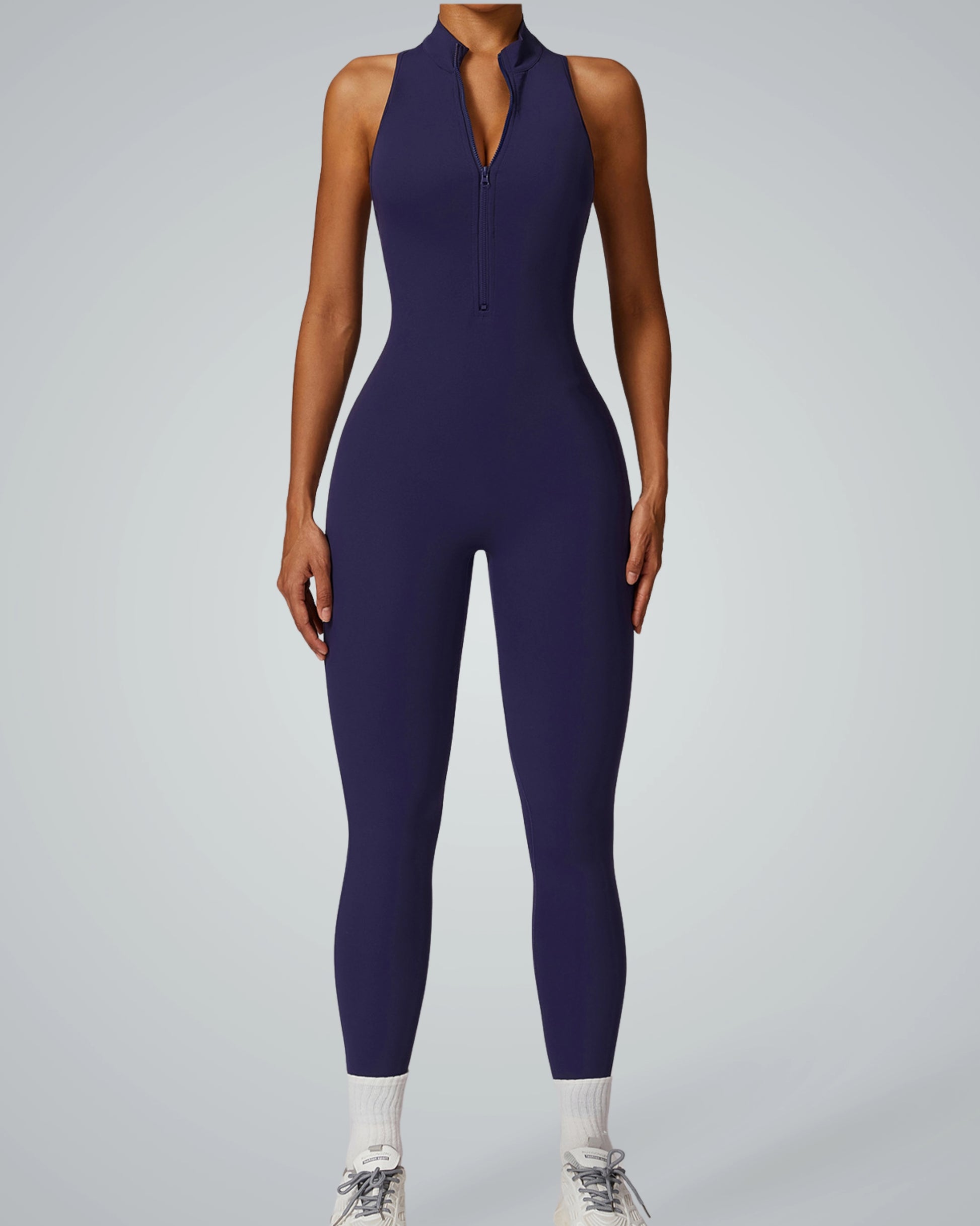 Bandsam VelocityVibe Jumpsuit - women's stretch activewear for yoga, pilates, workout. High-neck, zippered, soft, flexible comfort.
