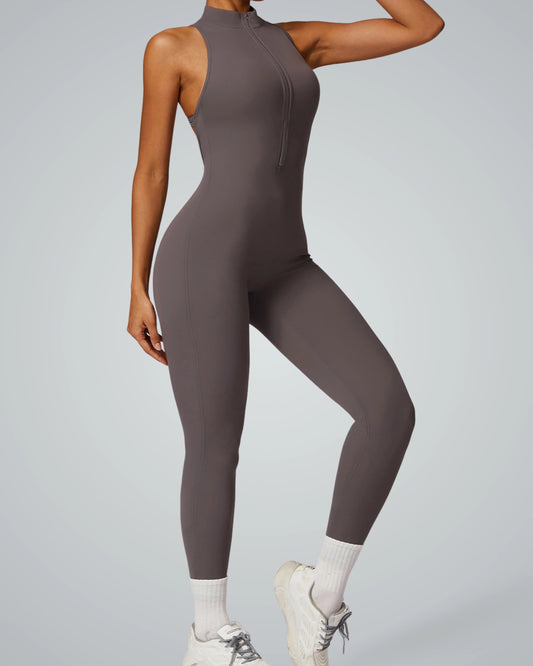 Bandsam VelocityVibe Jumpsuit for women with high-neck zip design, perfect for yoga, pilates, workout, and lounging.