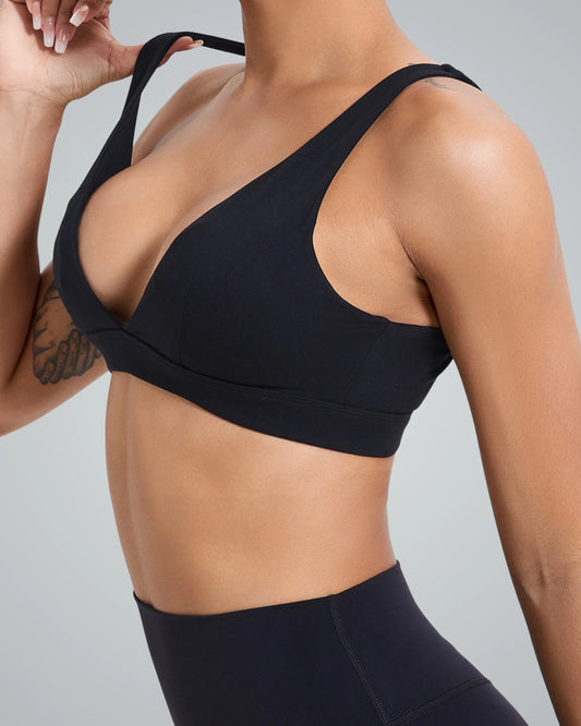 Bandsam Verda Vibe Bralette in black offers soft, flexible support; perfect for yoga, lounging, workouts, and women's activewear.