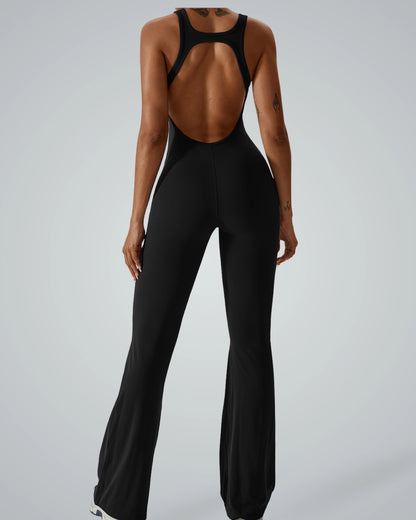 Bandsam VitalFlare Jumpsuit for women, black, flared leg, open back design, stretch fabric, activewear for yoga, pilates, workouts.