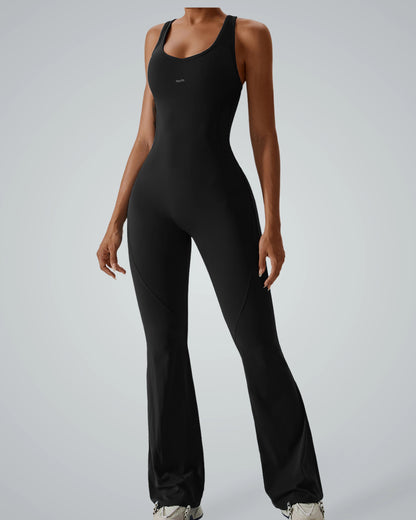 Bandsam VitalFlare Jumpsuit for women in black, offers stretch activewear ideal for yoga, pilates, workout, and lounging comfort.