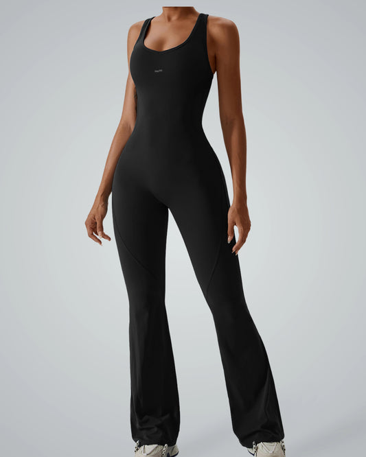 Bandsam VitalFlare Jumpsuit for women in black, offers stretch activewear ideal for yoga, pilates, workout, and lounging comfort.