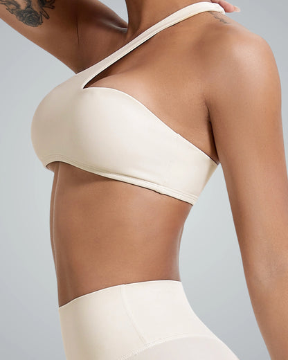 Bandsam Zenith Solo Bra in beige, showcasing stretch and comfort for women's activewear, perfect for yoga and workout sessions.